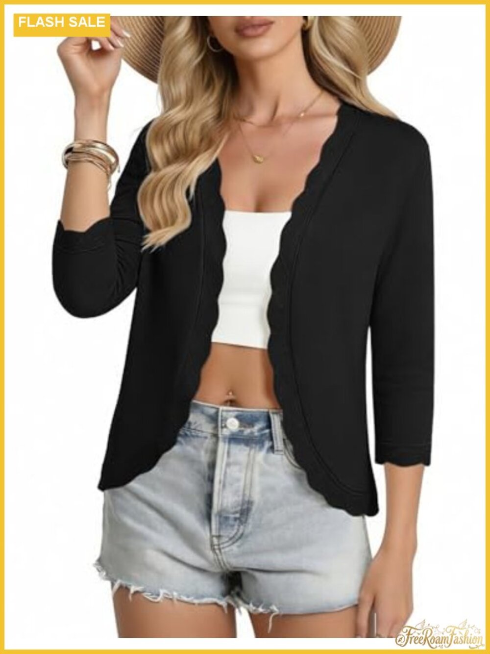 Scalloped Trim Cropped Cardigan 3/4 Sleeve Open Front Shrug Bolero